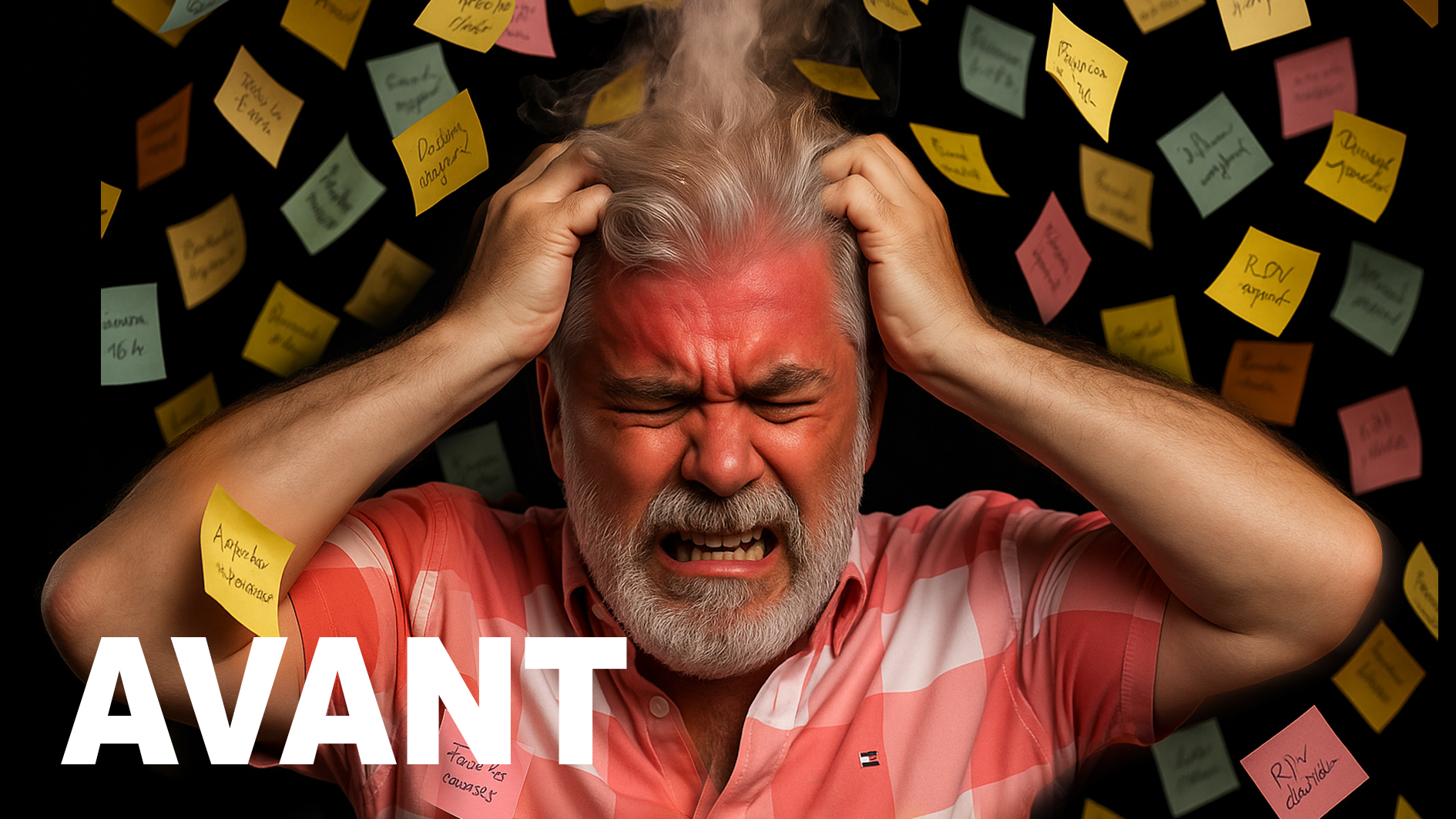 Avant — débordé, charge mentale, post-its partout
